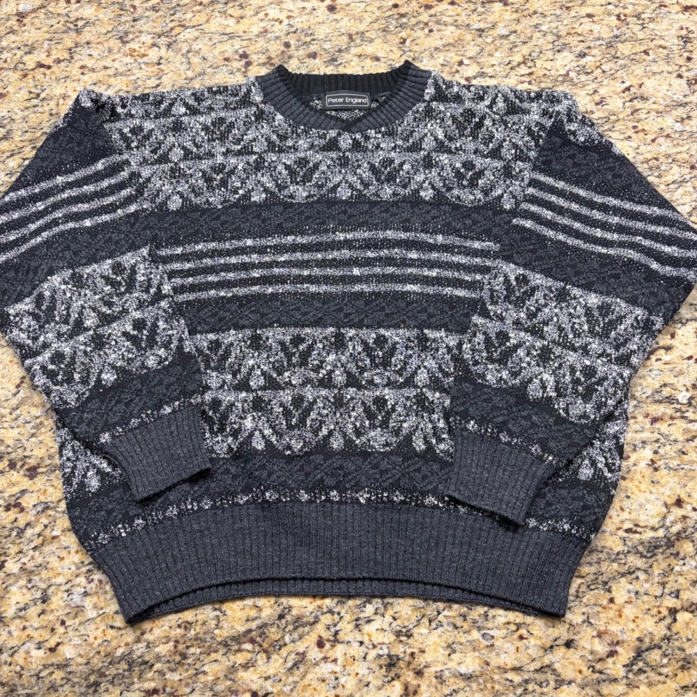 Peter England Mens XL Vintage Knit Sweater Gray Geometric Floral Pullover v